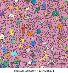 Cartoon cute doodles hand drawn grunge illustration. Line art scribble detailed, with lots of objects and lines background. Funny and crazy vector artwork