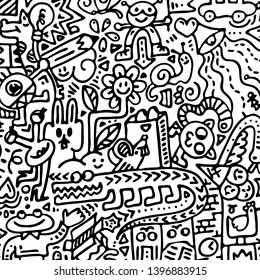 Cartoon cute doodles hand drawn grunge illustration. Line art scribble detailed, with lots of objects and lines background. Funny and crazy vector artwork