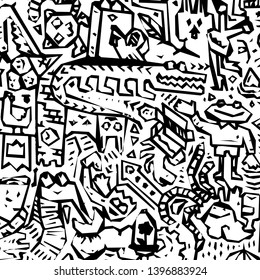 Cartoon cute doodles hand drawn grunge illustration. Line art scribble detailed, with lots of objects and lines background. Funny and crazy vector artwork