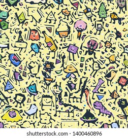 Cartoon cute doodles hand drawn grunge illustration. Line art scribble detailed, with lots of objects and lines background. Funny and crazy vector artwork
