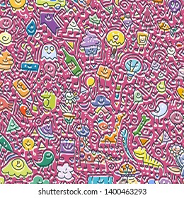 Cartoon cute doodles hand drawn grunge illustration. Line art scribble detailed, with lots of objects and lines background. Funny and crazy vector artwork