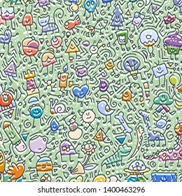 Cartoon cute doodles hand drawn grunge illustration. Line art scribble detailed, with lots of objects and lines background. Funny and crazy vector artwork