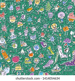 Cartoon cute doodles hand drawn grunge illustration. Line art scribble detailed, with lots of objects and lines background. Funny and crazy vector artwork