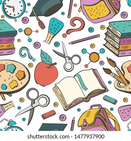Cartoon cute doodles hand drawn School seamless pattern. Colorful detailed, with lots of objects background. Endless funny illustration.