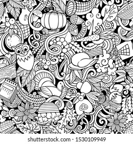Cartoon cute doodles hand drawn Happy Thanksgiving seamless pattern. Line art detailed, with lots of objects background. Endless funny vector illustration. All objects separate.
