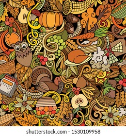 Cartoon cute doodles hand drawn Happy Thanksgiving seamless pattern. Colorful detailed, with lots of objects background. Endless funny vector illustration. All objects separate.