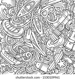 Cartoon cute doodles hand drawn water extreme sports seamless pattern. Line art detailed, with lots of objects active lifestyle background. Endless funny vector illustration. All objects separate.