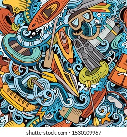 Cartoon cute doodles hand drawn water extreme sports seamless pattern. Colorful detailed, with lots of objects active lifestyle background. Endless funny vector illustration. All objects separate.