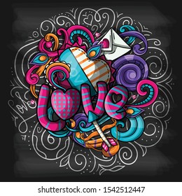 Cartoon cute doodles hand drawn Valentines Day illustration. Line art detailed, with lots of objects background. Funny vector artwork. Sketchy picture with Love theme items