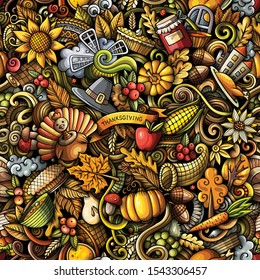 Cartoon cute doodles hand drawn Happy Thanksgiving seamless pattern. Colorful detailed, with lots of objects background. Endless funny vector illustration. All objects separate.