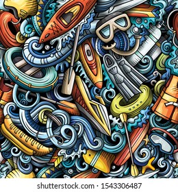 Cartoon cute doodles hand drawn water extreme sports seamless pattern. Colorful detailed, with lots of objects active lifestyle background. Endless funny vector illustration. All objects separate.