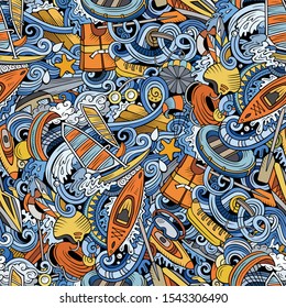 Cartoon cute doodles hand drawn water extreme sports seamless pattern. Colorful detailed, with lots of objects active lifestyle background. Endless funny vector illustration. All objects separate.
