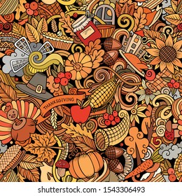 Cartoon cute doodles hand drawn Happy Thanksgiving seamless pattern. Colorful detailed, with lots of objects background. Endless funny vector illustration. All objects separate.