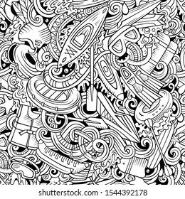Cartoon cute doodles hand drawn water extreme sports seamless pattern. Line art detailed, with lots of objects active lifestyle background. Endless funny vector illustration. All objects separate.