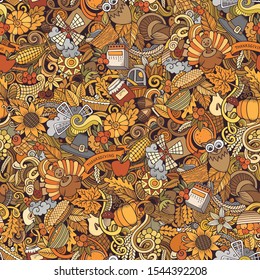 Cartoon cute doodles hand drawn Happy Thanksgiving seamless pattern. Colorful detailed, with lots of objects background. Endless funny vector illustration. All objects separate.