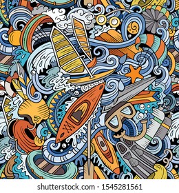 Cartoon cute doodles hand drawn water extreme sports seamless pattern. Colorful detailed, with lots of objects active lifestyle background. Endless funny vector illustration. All objects separate.