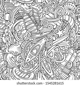 Cartoon cute doodles hand drawn water extreme sports seamless pattern. Line art detailed, with lots of objects active lifestyle background. Endless funny vector illustration. All objects separate.