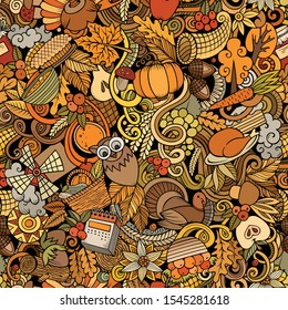 Cartoon cute doodles hand drawn Happy Thanksgiving seamless pattern. Colorful detailed, with lots of objects background. Endless funny vector illustration. All objects separate.