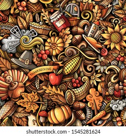 Cartoon cute doodles hand drawn Happy Thanksgiving seamless pattern. Colorful detailed, with lots of objects background. Endless funny vector illustration. All objects separate.