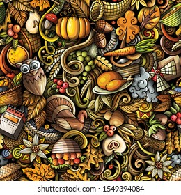 Cartoon cute doodles hand drawn Happy Thanksgiving seamless pattern. Colorful detailed, with lots of objects background. Endless funny vector illustration. All objects separate.