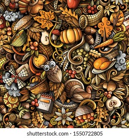 Cartoon cute doodles hand drawn Happy Thanksgiving seamless pattern. Colorful detailed, with lots of objects background. Endless funny vector illustration. All objects separate.