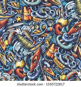 Cartoon cute doodles hand drawn water extreme sports seamless pattern. Colorful detailed, with lots of objects active lifestyle background. Endless funny vector illustration. All objects separate.