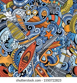 Cartoon cute doodles hand drawn water extreme sports seamless pattern. Colorful detailed, with lots of objects active lifestyle background. Endless funny vector illustration. All objects separate.