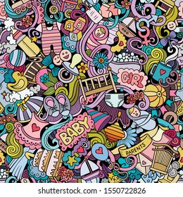 Cartoon cute doodles hand drawn Baby seamless pattern. Colorful detailed, with lots of objects background. Endless funny vector illustration. All objects separate.