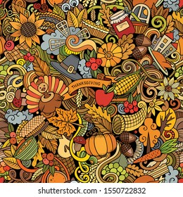 Cartoon cute doodles hand drawn Happy Thanksgiving seamless pattern. Colorful detailed, with lots of objects background. Endless funny vector illustration. All objects separate.