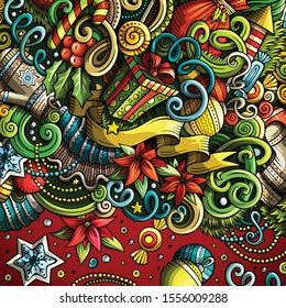 Cartoon cute doodles hand drawn Happy New Year frame design. Colorful detailed, with lots of objects background. Funny vector illustration. Bright colors border with Christmas items