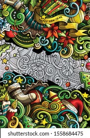 Cartoon cute doodles hand drawn Happy New Year frame design. Colorful detailed, with lots of objects background. Funny vector illustration. Bright colors border with Christmas items