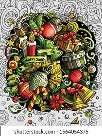 Cartoon cute doodles hand drawn Happy New Year design. Colorful detailed, with lots of objects background. Funny vector illustration. Bright colors art with Christmas items