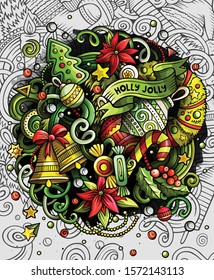 Cartoon cute doodles hand drawn Happy New Year design. Colorful detailed, with lots of objects background. Funny vector illustration. Bright colors art with Christmas items