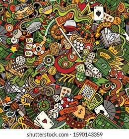 Cartoon cute doodles hand drawn Casino seamless pattern. Colorful detailed, with lots of objects background. Endless funny vector illustration. All objects separate.