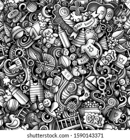 Cartoon cute doodles hand drawn Baby seamless pattern. Monochrome detailed, with lots of objects background. Endless funny vector illustration. All objects separate.