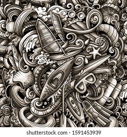 Cartoon cute doodles hand drawn water extreme sports seamless pattern. Monochrome detailed, with lots of objects active lifestyle background. Endless funny vector illustration. All objects separate.