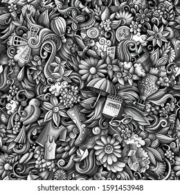 Cartoon cute doodles hand drawn Spring seamless pattern. Monochrome detailed, with lots of objects background. Endless funny vector illustration. All objects separate.
