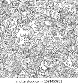 Cartoon cute doodles hand drawn Spring seamless pattern. Contour detailed, with lots of objects background. Endless funny vector illustration. All objects separate.