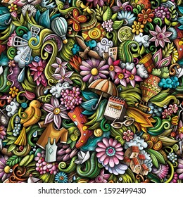 Cartoon cute doodles hand drawn Spring seamless pattern. Colorful detailed, with lots of objects background. Endless funny vector illustration. All objects separate.