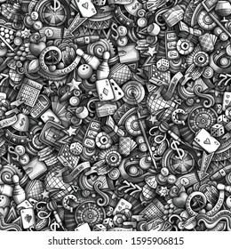 Cartoon cute doodles hand drawn Casino seamless pattern. Monochrome detailed, with lots of objects background. Endless funny vector illustration. All objects separate.