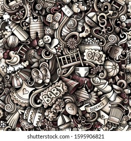 Cartoon cute doodles hand drawn Baby seamless pattern. Monochrome detailed, with lots of objects background. Endless funny vector illustration. All objects separate.