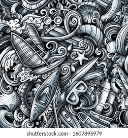 Cartoon cute doodles hand drawn water extreme sports seamless pattern. Monochrome detailed, with lots of objects active lifestyle background. Endless funny vector illustration. All objects separate.
