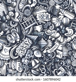 Cartoon cute doodles hand drawn Baby seamless pattern. Monochrome detailed, with lots of objects background. Endless funny vector illustration. All objects separate.