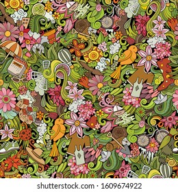 Cartoon cute doodles hand drawn Spring seamless pattern. Colorful detailed, with lots of objects background. Endless funny vector illustration. All objects separate.