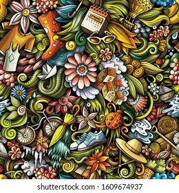 Cartoon cute doodles hand drawn Spring seamless pattern. Colorful detailed, with lots of objects background. Endless funny vector illustration. All objects separate.