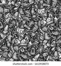 Cartoon cute doodles hand drawn Cleaning seamless pattern. Colorful detailed, with lots of objects background. Endless funny vector illustration. All objects separate.