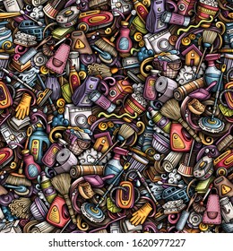 Cartoon cute doodles hand drawn Cleaning seamless pattern. Colorful detailed, with lots of objects background. Endless funny vector illustration. All objects separate.