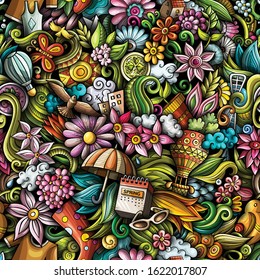 Cartoon cute doodles hand drawn Spring seamless pattern. Colorful detailed, with lots of objects background. Endless funny vector illustration. All objects separate.