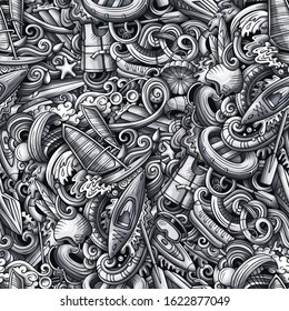 Cartoon cute doodles hand drawn water extreme sports seamless pattern. Monochrome detailed, with lots of objects active lifestyle background. Endless funny vector illustration. All objects separate.