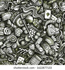 Cartoon cute doodles hand drawn Casino seamless pattern. Monochrome detailed, with lots of objects background. Endless funny vector illustration. All objects separate.